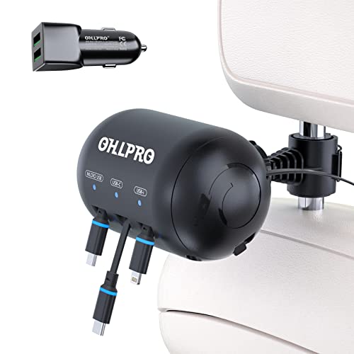 OHLPRO Retractable Car Charger, Up to 100W Super Fast Charging 4-in-1 Car Phone Charger,2.6FT Retractable Cables and Dual Port Cigarette Lighter USB Charger for iPhone 15,14,13,12,iPad,Samsung,Pixel