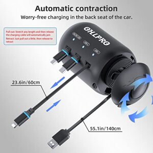 OHLPRO Retractable Car Charger, Up to 100W Super Fast Charging 4-in-1 Car Phone Charger,2.6FT Retractable Cables and Dual Port Cigarette Lighter USB Charger for iPhone 15,14,13,12,iPad,Samsung,Pixel