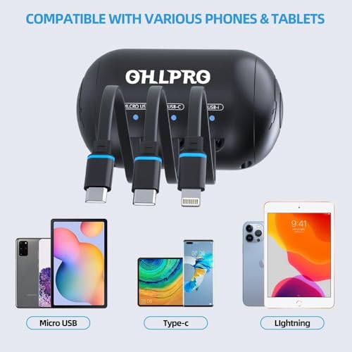 OHLPRO Retractable Car Charger, Up to 100W Super Fast Charging 4-in-1 Car Phone Charger,2.6FT Retractable Cables and Dual Port Cigarette Lighter USB Charger for iPhone 15,14,13,12,iPad,Samsung,Pixel