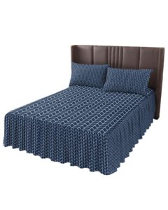 amzricher navy blue wrap around pleated bed skirts for queen bed 60x80, decorative dust ruffle bed sheet & bedskirt 18'' drop bedspread with pillow case 20x30 contemporary geometric modern stripes