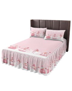 pink christmas wrap around pleated bed skirts for twin xl bed 39x80, decorative dust ruffle bed sheet & bedskirt 18'' drop bedspread with pillow case 20x30 snowman snowflake pine tree leaves