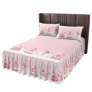 Pink Christmas Wrap Around Pleated Bed Skirts for Twin XL Bed 39x80, Decorative Dust Ruffle Bed Sheet & Bedskirt 18'' Drop Bedspread with Pillow Case 20x30 Snowman Snowflake Pine Tree Leaves