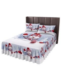 amzricher winter snowman wrap around pleated bed skirts for twin xl bed 39x80, decorative dust ruffle bed sheet & bedskirt 18'' drop bedspread with pillow case 20x30 christmas forest snowy tree