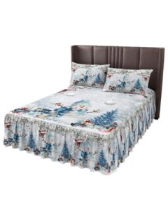 amzricher snowman wrap around pleated bed skirts for queen bed 60x80, decorative dust ruffle bed sheet & bedskirt 18'' drop bedspread with pillow case 20x30 christmas winter farmhouse ball snowflake