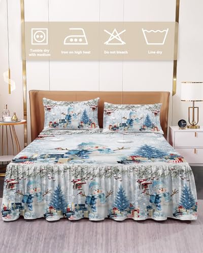 AMZRicher Snowman Wrap Around Pleated Bed Skirts for Queen Bed 60x80, Decorative Dust Ruffle Bed Sheet & Bedskirt 18'' Drop Bedspread with Pillow Case 20x30 Christmas Winter Farmhouse Ball Snowflake