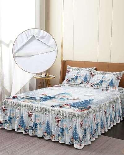 AMZRicher Snowman Wrap Around Pleated Bed Skirts for Queen Bed 60x80, Decorative Dust Ruffle Bed Sheet & Bedskirt 18'' Drop Bedspread with Pillow Case 20x30 Christmas Winter Farmhouse Ball Snowflake