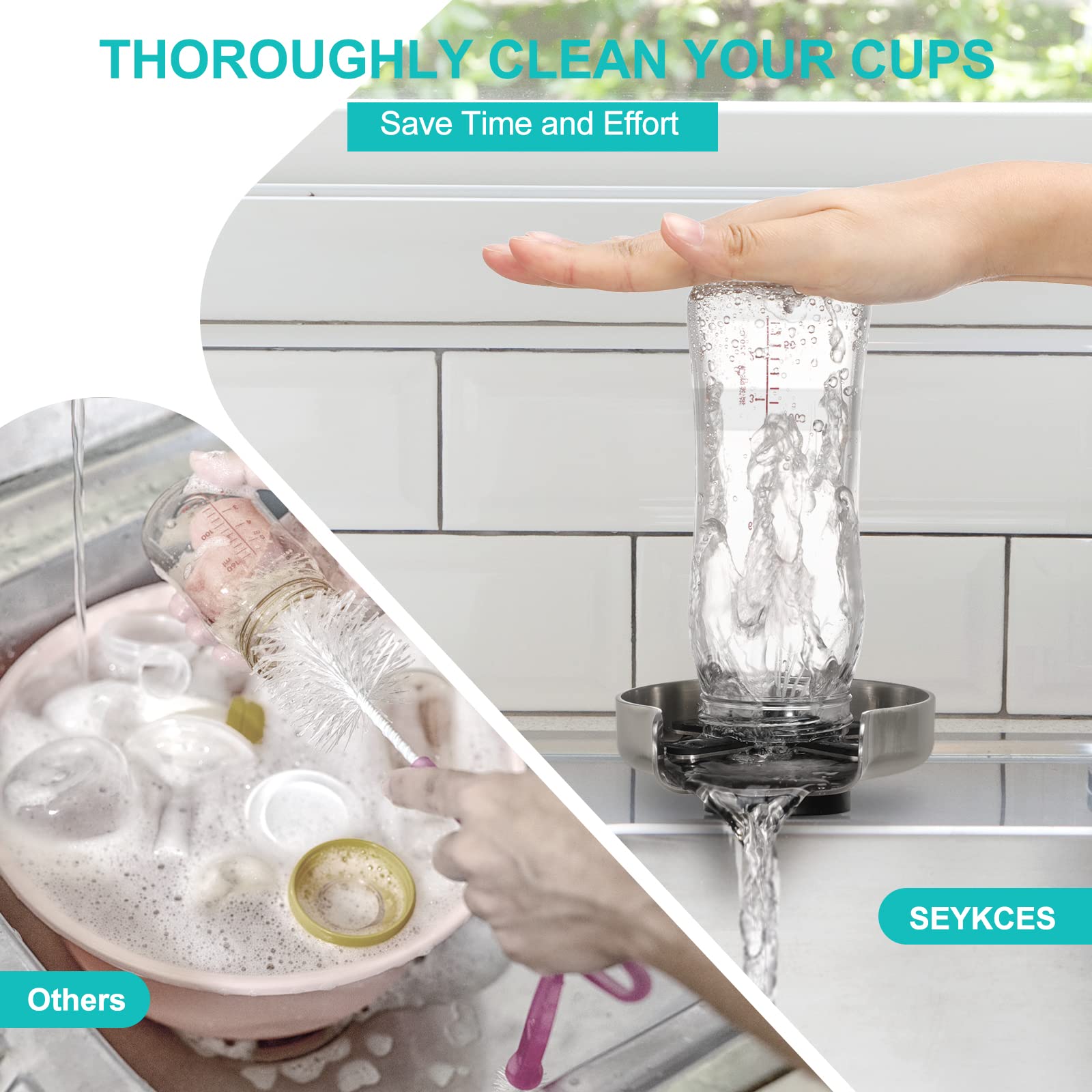 Cup Washer for Sink, Glass Rinser for Kitchen Sink Suitable for Cleaning All Kinds of Cups/Bottles Bottle Washer for All Occasions Silver