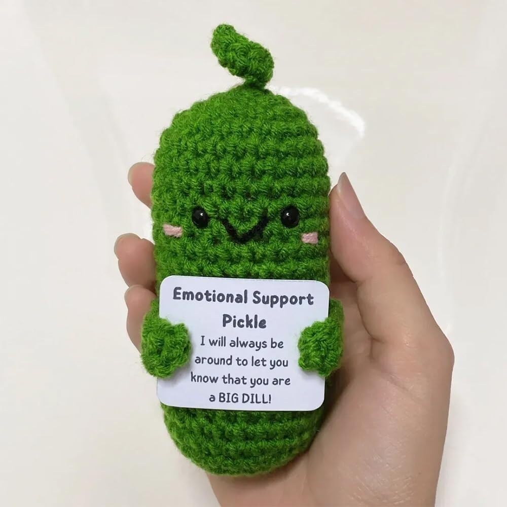 Handmade Emotional Support Pickled Cucumber Gift, Emotional Support Pickled Cucumber Knitting Doll, Cute Handmade Crochet Emotional Support Pickles Doll, Pickle Toy with Positive Affirmation Card (Co