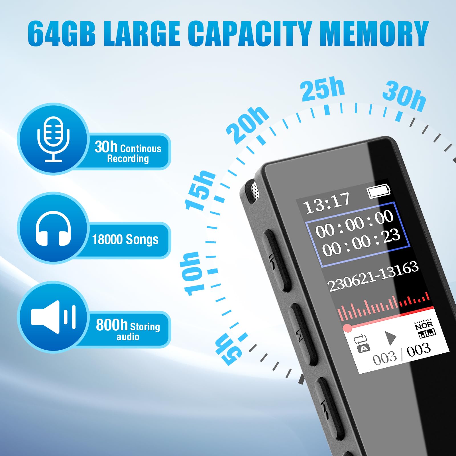 64GB Digital Voice Recorder with Playback, Dual-Microphone Noise Reduction, 30 Hours Audio Recorder, Voice Activated Recorder with MP3, Password, A-B Repeat, for Lectures, Classes, Meetings(n3)
