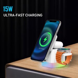 Wuohutu 3 in 1 Cube Wireless Charger for MagSafe, 15W Fast Wireless Charging Station Compatible with MagSafe Charger for iPhone 15/14/13/12 Series, Apple Watch, AirPods (Adapter Included)