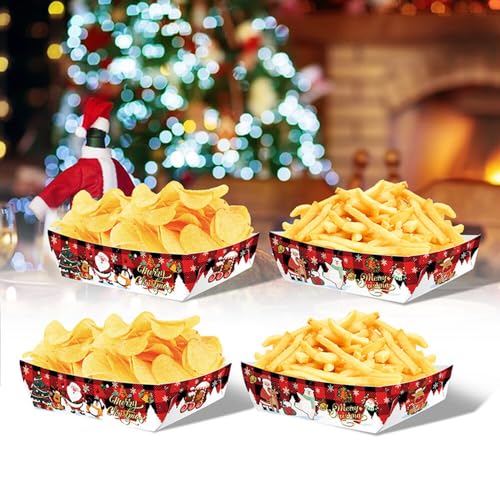 96 Pcs Paper Food Trays Christmas Party Cutlery Disposable Serving Tray Paper Food Boats for French Fries,Popcorn,Hot Dogs,Sandwiches,Etc