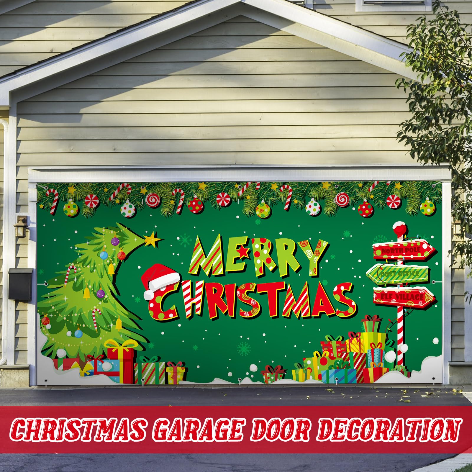 Ganeen 8 x 16 ft Christmas Outdoor Green Tree Garage Door Banner Large Winter Forest Pine Trees Snowy Backdrop Holiday Background Sign for Xmas Garage Door Wall Decoration Props Gifts