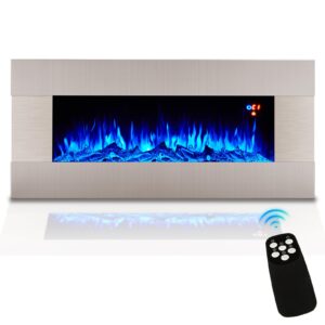 amerlife 40" wall mount electric fireplace with remote control, wall hanging fireplace heater with adjustable flame colors and heater, top-vent, low noise, 750w/1500w, stainless steel frame