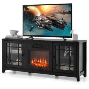 goflame 58" fireplace tv stand for tvs up to 65 inches, wooden tv console with 18” electric fireplace insert, fireplace tv cabinet, entertainment center with remote control, adjustable shelves, black