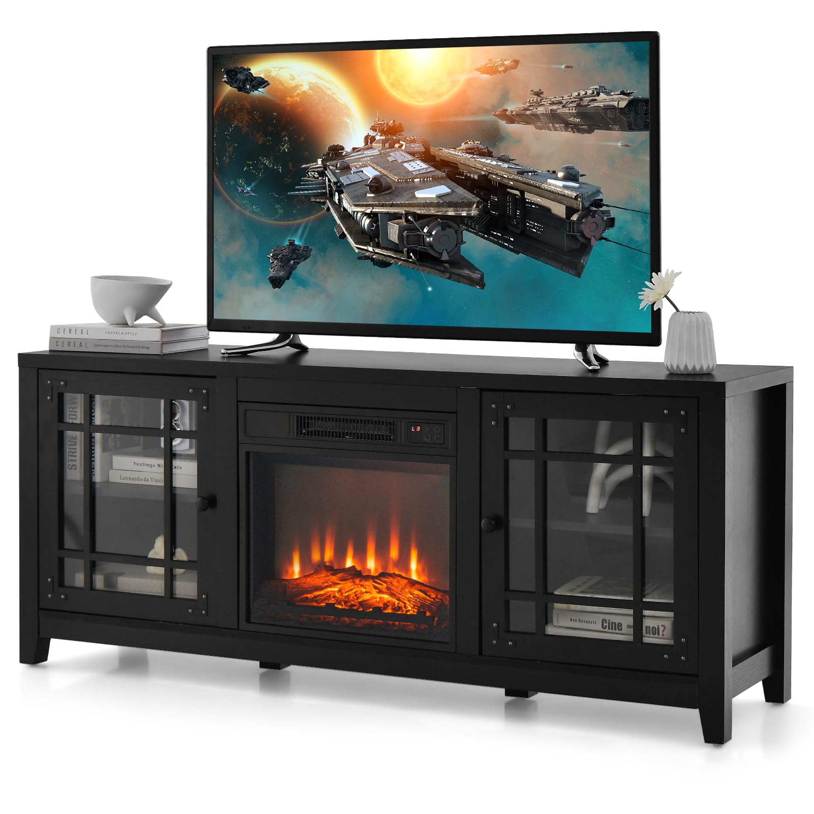 GOFLAME 58" Fireplace TV Stand for TVs up to 65 Inches, Wooden TV Console with 18” Electric Fireplace Insert, Fireplace TV Cabinet, Entertainment Center with Remote Control, Adjustable Shelves, Black