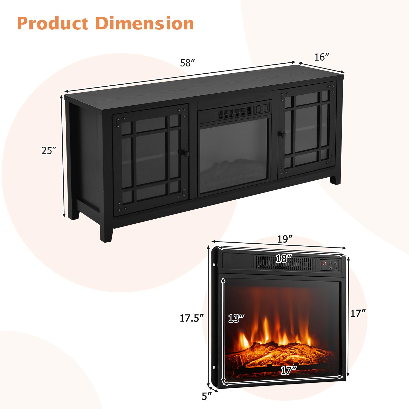 GOFLAME 58" Fireplace TV Stand for TVs up to 65 Inches, Wooden TV Console with 18” Electric Fireplace Insert, Fireplace TV Cabinet, Entertainment Center with Remote Control, Adjustable Shelves, Black