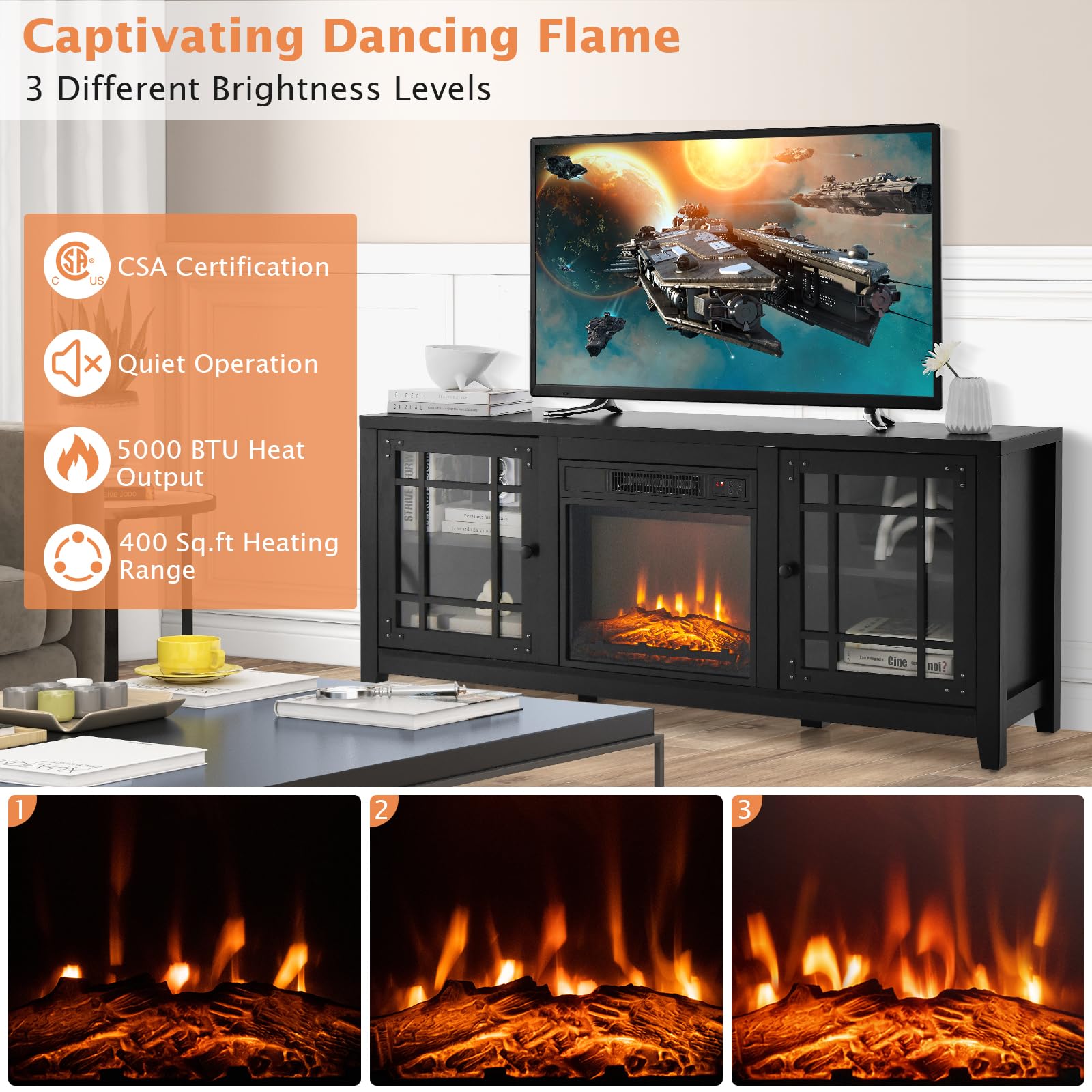 GOFLAME 58" Fireplace TV Stand for TVs up to 65 Inches, Wooden TV Console with 18” Electric Fireplace Insert, Fireplace TV Cabinet, Entertainment Center with Remote Control, Adjustable Shelves, Black