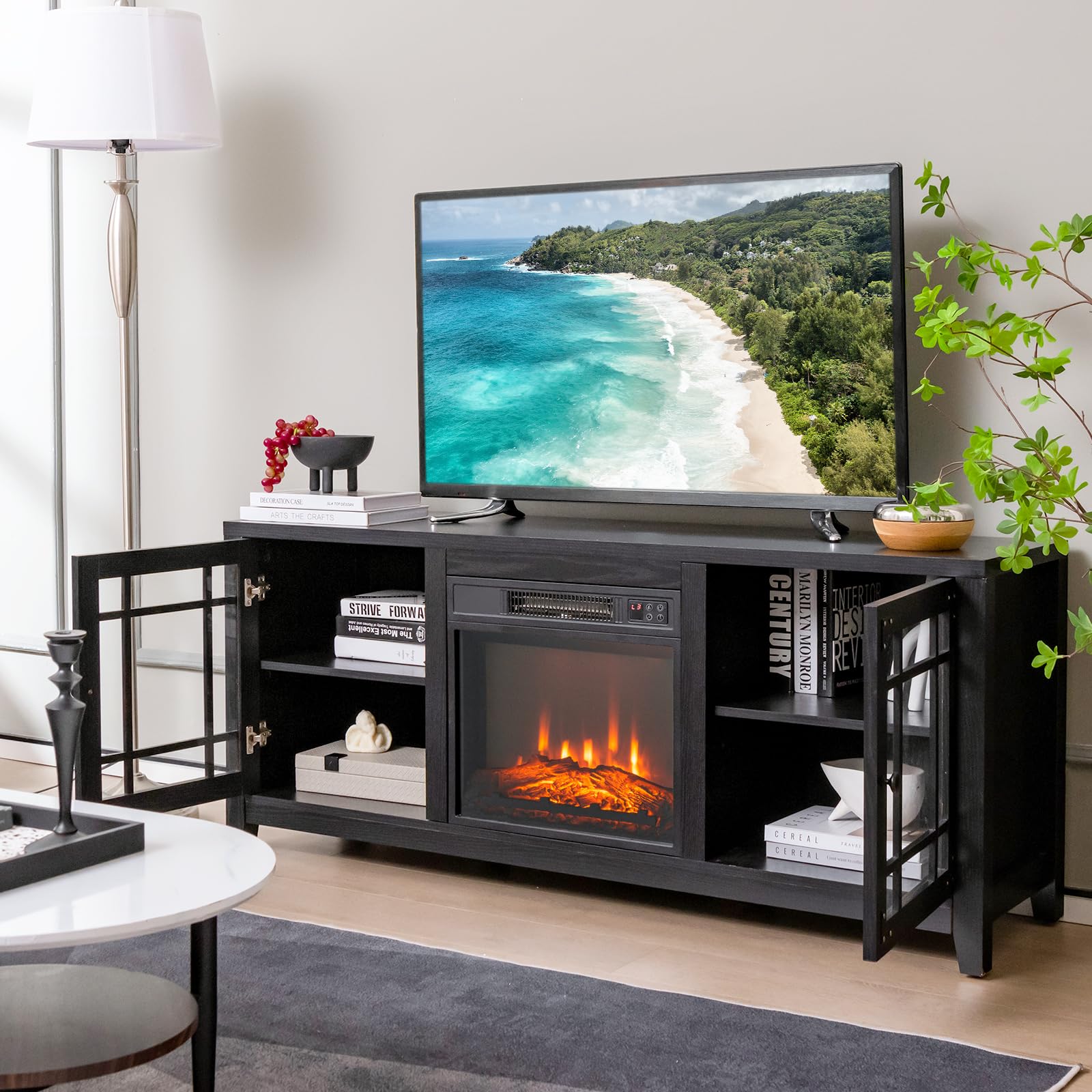 GOFLAME 58" Fireplace TV Stand for TVs up to 65 Inches, Wooden TV Console with 18” Electric Fireplace Insert, Fireplace TV Cabinet, Entertainment Center with Remote Control, Adjustable Shelves, Black