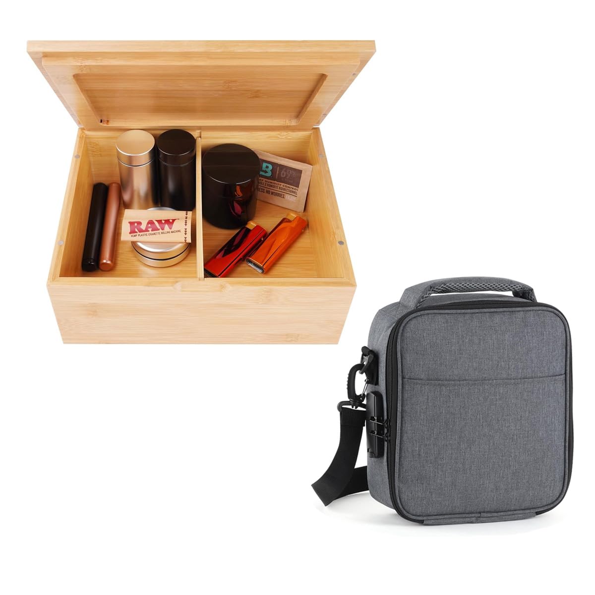 Lockable Lunch Box with Combination Lock，Insulated Lunch Bag and Large Natural Bamboo Decorative Storage Box Wooden Keepsake Box