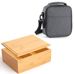 lockable lunch box with combination lock，insulated lunch bag and large natural bamboo decorative storage box wooden keepsake box great gifts