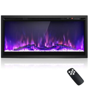 goflame 36 inch electric fireplace recessed/wall mounted/freestanding, linear electric fireplace heater insert with remote control, adjustable flame color & brightness, thermostat, timer, 750w/1500w