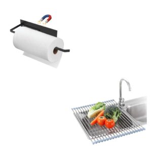magnetic paper towel holder for fridge, toilet paper roll holder magnetic paper towel rack wall mount and seropy roll up dish drying rack over the sink for kitchen rv sink 17.5x15.7 in
