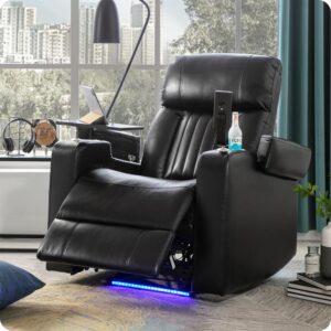 qkff leather power recliner chair, electric pu recliner with hidden arm storage, usb charging port, 2 cup holders, tray table, phone stand for home theater (dark black)