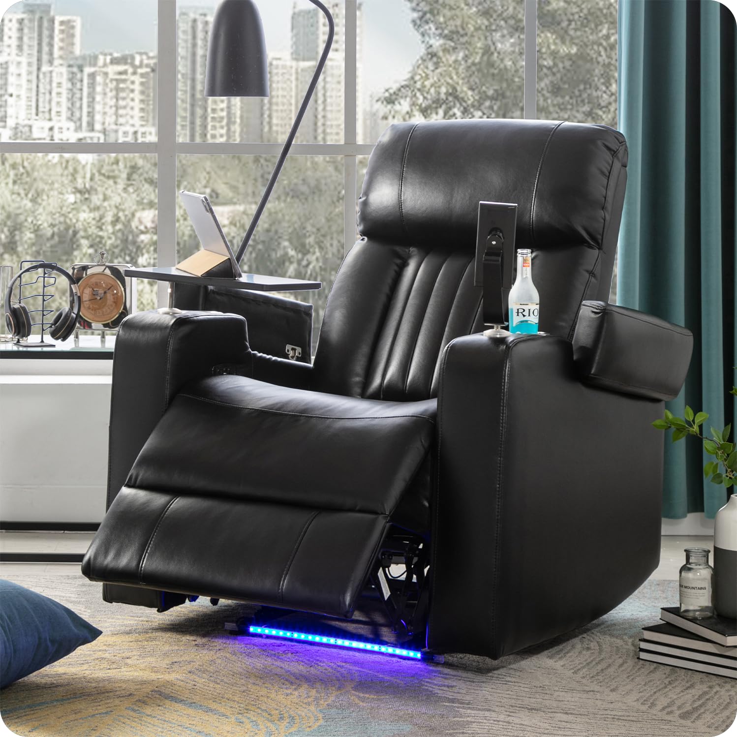 QKFF Leather Power Recliner Chair, Electric PU Recliner with Hidden Arm Storage, USB Charging Port, 2 Cup Holders, Tray Table, Phone Stand for Home Theater (Dark Black)