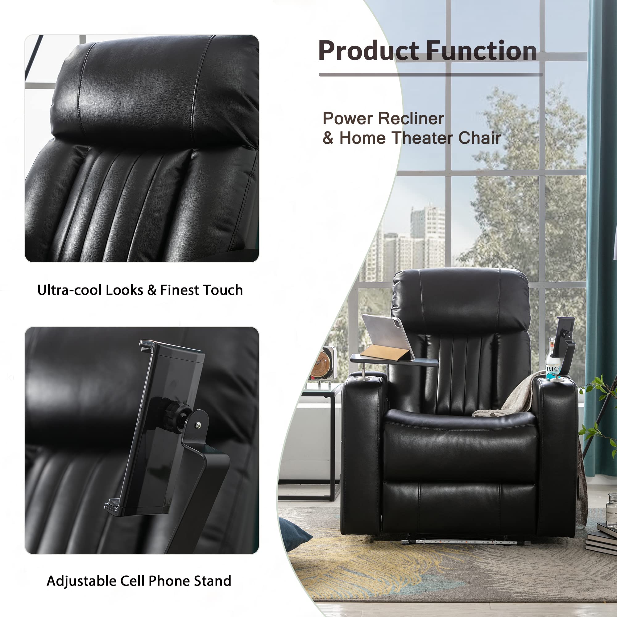 QKFF Leather Power Recliner Chair, Electric PU Recliner with Hidden Arm Storage, USB Charging Port, 2 Cup Holders, Tray Table, Phone Stand for Home Theater (Dark Black)