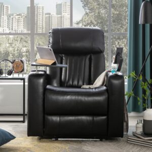 QKFF Leather Power Recliner Chair, Electric PU Recliner with Hidden Arm Storage, USB Charging Port, 2 Cup Holders, Tray Table, Phone Stand for Home Theater (Dark Black)