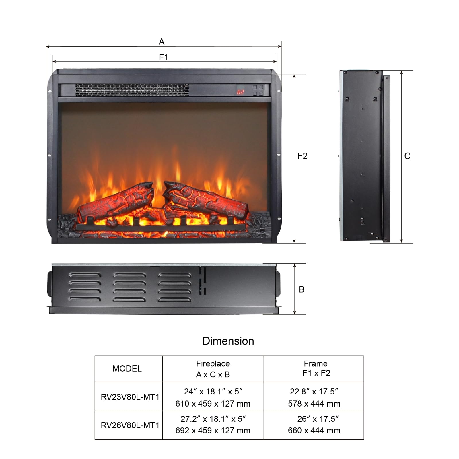 Xshelley 26 inch Electric Fireplace Inserts, Ultra Thin Electric Fireplace Wall-Mounted, Electric Foreplace with Remote Control, Realistic Flame, Overheating Protection, 1400W heat/ 5000 BTU (26 inch)