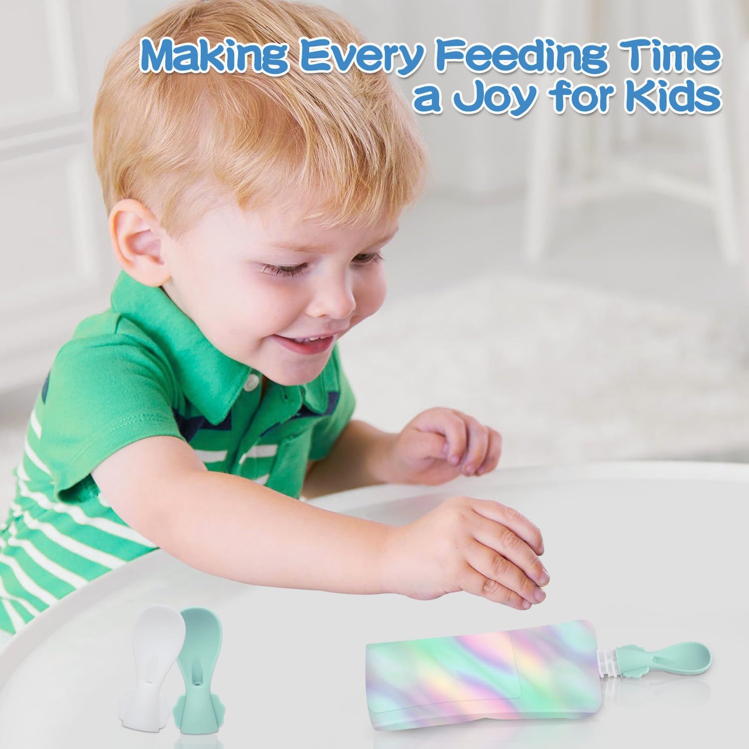 Leak-Proof Silicone Food Pouch Squeeze Spoon - No-Spill, Easy Attach Silicone Tops for Infants, 4-Pack