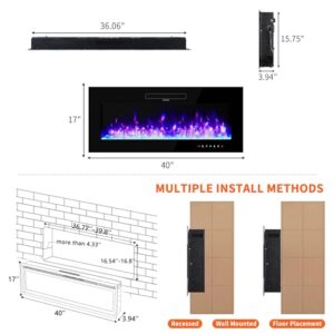 Amerlife 40" Electric Fireplace Wall Mounted, Recessed and Freestanding, Fireplace Heater W/12 Flame Color and Brightness, Touch Screen & Remote Control, Log Set & Crystal Included, Black