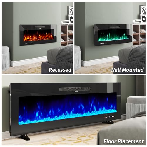 Amerlife 40" Electric Fireplace Wall Mounted, Recessed and Freestanding, Fireplace Heater W/12 Flame Color and Brightness, Touch Screen & Remote Control, Log Set & Crystal Included, Black