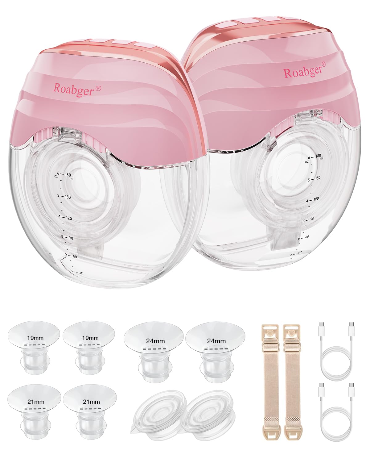 Roabger Breast Pump, Hands Free Breast Pump, Wearable Breast Pump with 3 Modes & 8 Levels, Electric Breast Pumps with Time Display, Easy Assemble & Clean, 19mm/21mm/24mm/27mm Flange, 2Pack