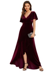 ever-pretty women's velvet dress wrap v neck high waist ruffle sleeve church wedding guest party dresses burgundy us14