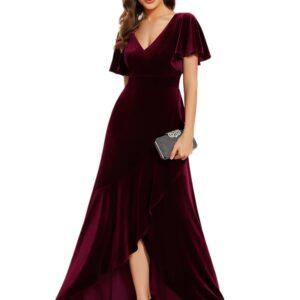 Ever-Pretty Women's Velvet Dress Wrap V Neck High Waist Ruffle Sleeve Church Wedding Guest Party Dresses Burgundy US14