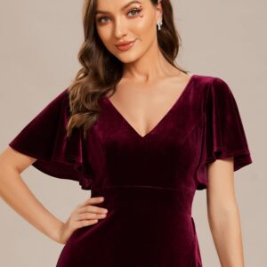 Ever-Pretty Women's Velvet Dress Wrap V Neck High Waist Ruffle Sleeve Church Wedding Guest Party Dresses Burgundy US14