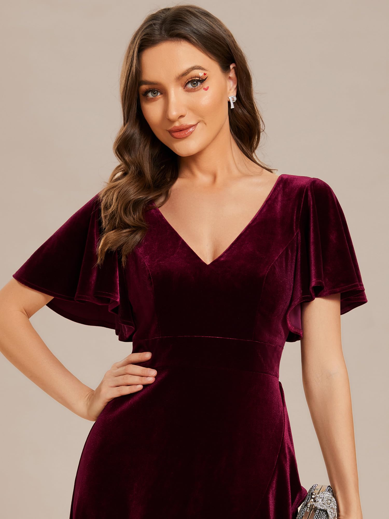 Ever-Pretty Women's Velvet Dress Wrap V Neck High Waist Ruffle Sleeve Church Wedding Guest Party Dresses Burgundy US14