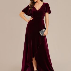 Ever-Pretty Women's Velvet Dress Wrap V Neck High Waist Ruffle Sleeve Church Wedding Guest Party Dresses Burgundy US14