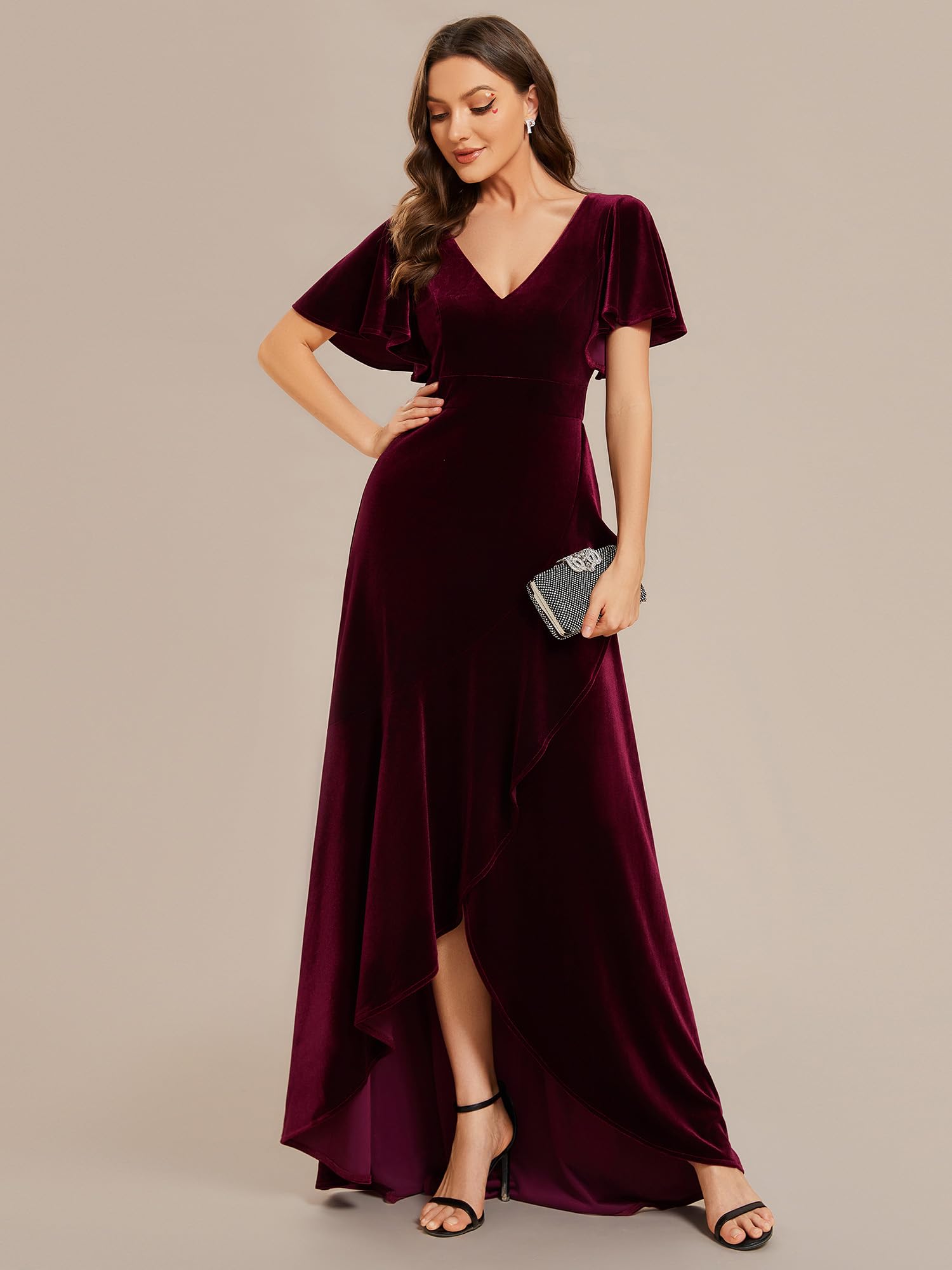 Ever-Pretty Women's Velvet Dress Wrap V Neck High Waist Ruffle Sleeve Church Wedding Guest Party Dresses Burgundy US14