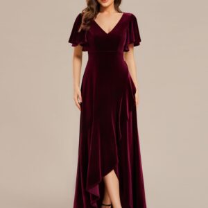 Ever-Pretty Women's Velvet Dress Wrap V Neck High Waist Ruffle Sleeve Church Wedding Guest Party Dresses Burgundy US14