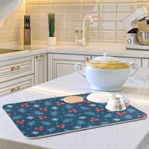 Christmas Holly Berry Leaves Dish Drying Mat Kitchen Counter Drying Mat Kitchen Matt Dish Dryer Cloth Dish Wish Drying Mat 18 x 24