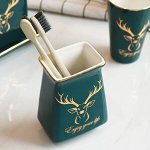 Soap Dispenser Hand Soap Dispenser Bathroom Accessories Set 5-Piece Green Ceramic Bath Accessory Completes with Lotion Dispenser/Soap Pump Toothbrush Holder Tumbler Mini Storage Tray Golden Deer Head