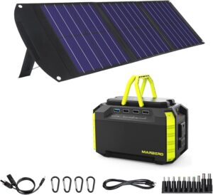 marbero solar power bank set - solar panel 60w and 110v 150w peak ac outlet, dc ports, usb ports 150wh portable power station for cpap home camping emergency