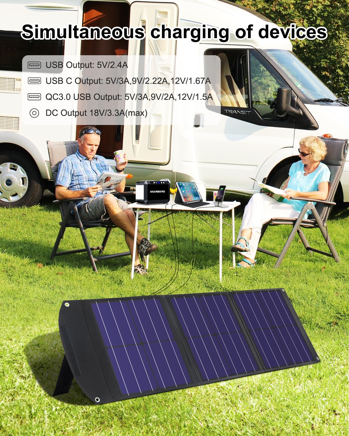 MARBERO Solar Power Bank Set - Solar Panel 60W and 110V 150W Peak AC Outlet, DC Ports, USB Ports 150Wh Portable Power Station for CPAP Home Camping Emergency