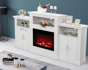 bonnlo electric fireplace with mantel, 78 inch fireplace tv stand entertainment center with 26 inch electric fireplace tv console for living room, white