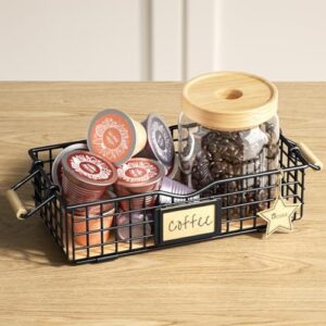 qcold coffee pod basket for counter, wire coffee pods holder for k cup, coffee bar accessories, farmhouse decor trays for countertop, black mental storage organizer with wooden handle