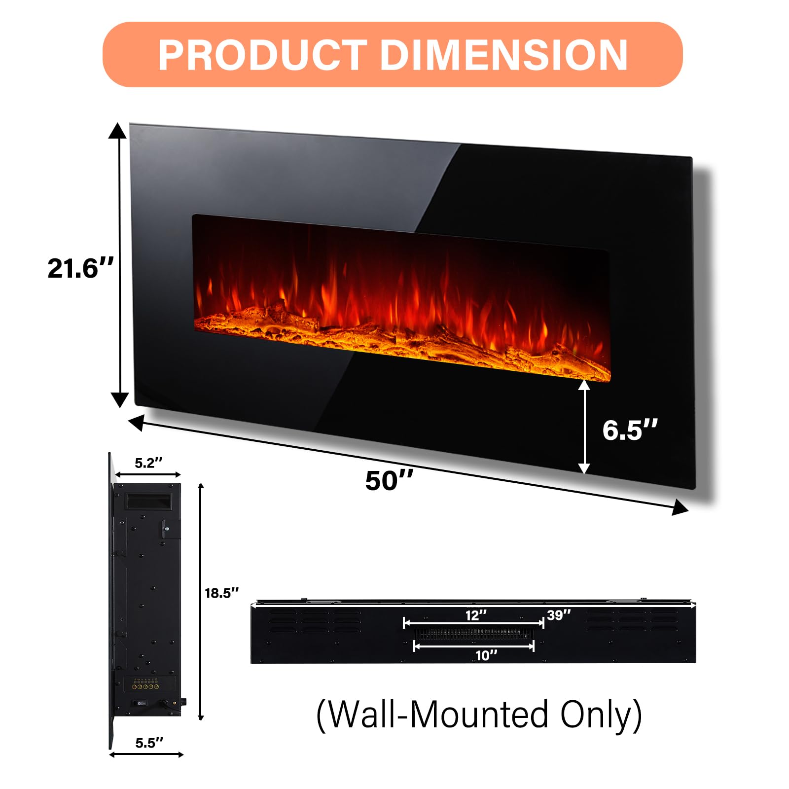 Amerlife 50" Electric Fireplace Wall-Mounted, Fireplace Heater with Timer, Remote Control, Adjustable Flame Brightness, Log Set & Crystal Options, Black