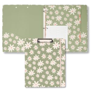 steel mill & co cute decorative hardcover 3 ring binder with clipboard folio cover for letter size paper, 1 inch round rings, dividers, colorful binder organizer for school/office (daisy floral green)